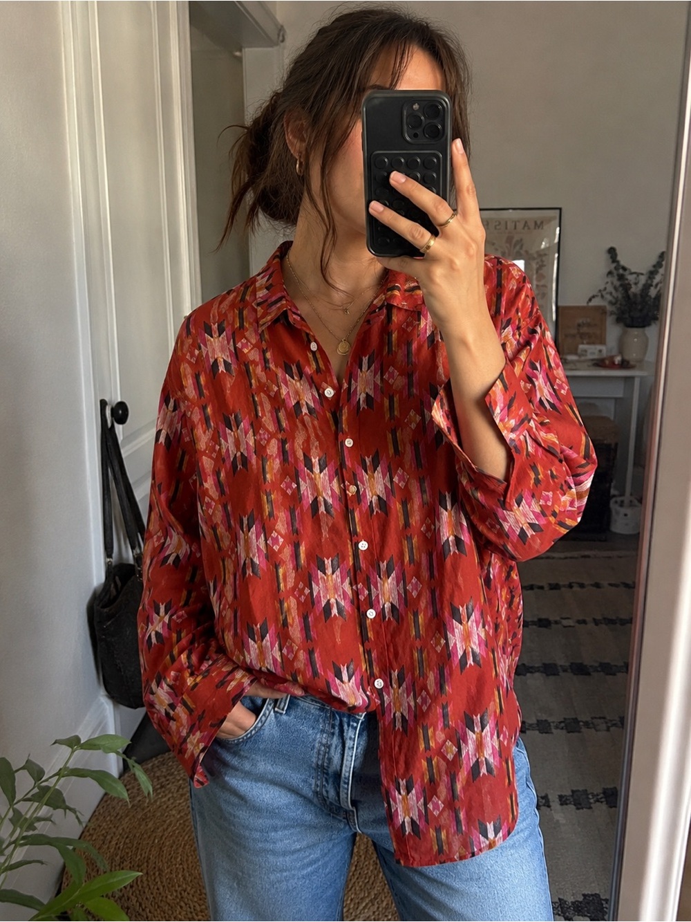 Hartford Red Multi-Color Aztec-Pattern Button-Down Shirt - Picture 1 of 6